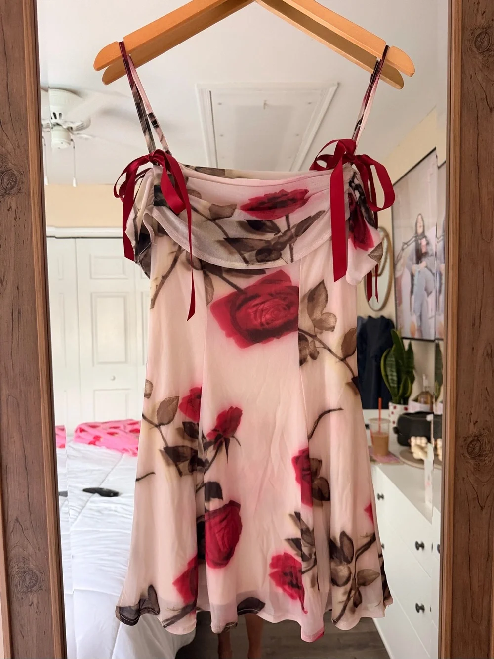 Kimchi Blue Off-Shoulder White Mini Dress with Red Rose Print and Ribbon Straps